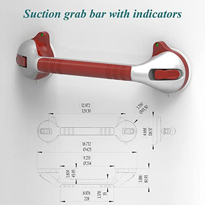 17-inch Suction Shower Grab Bar with Indicators, Tool-Free Installation, Steady Handle for Balance Assist for Bathtub,Bathroom,Toilet, Dual Tone Silver/Grey - size: 17in, Pack of 1