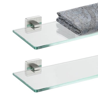 JQK Bathroom Glass Shelf, Floating Tempered Glass Shower Storage 12 by 5 inches, 304 Stainless Steel Brushed Finish Wall Mount 2 Pack, TGS201L12-BN-P2 - color: Brushed Steel, size: 12 Inch(2 Pack)
