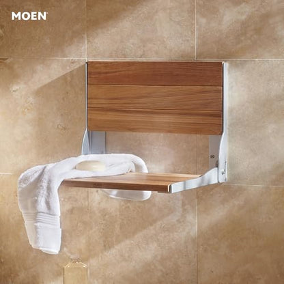 Moen DN7110 Home Care Fold-Down Shower Chair, Teak Wood Bench with Stainless Steel & Aluminum Frame, Wall-Mounted, ADA Compliant, Supports up to 400 lbs - color: Teak Wood