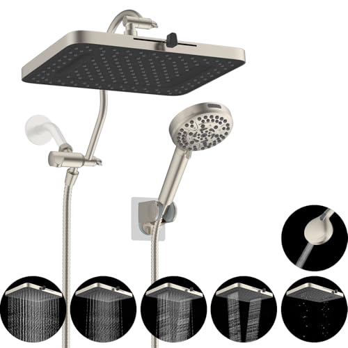 Hibbent 13'' 5-spray Rain Shower Head, 10-Spray Handheld, Brushed Nickel | cUPC Certified High Pressure Dual Showerhead Combo, Upgraded Rainfall Shower Head, 12'' Extension Arm, 71'' Hose & Holder - color: Brushed Nickel, style: Square 13''