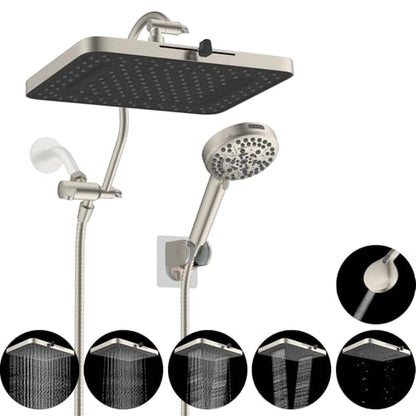 Hibbent 13'' 5-spray Rain Shower Head, 10-Spray Handheld, Brushed Nickel | cUPC Certified High Pressure Dual Showerhead Combo, Upgraded Rainfall Shower Head, 12'' Extension Arm, 71'' Hose & Holder - color: Brushed Nickel, style: Square 13''