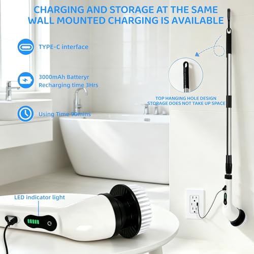 Electric Spin Scrubber, 6 Replaceable Heads,IPX7,Telescoping Handle | Cordless & Rechargeable, 2-Speed Powerful Scrubbing, Perfect for Bathroom, Kitchen & Car Cleaning