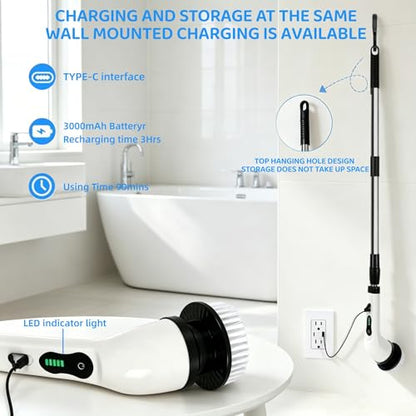 Electric Spin Scrubber, 6 Replaceable Heads,IPX7,Telescoping Handle | Cordless & Rechargeable, 2-Speed Powerful Scrubbing, Perfect for Bathroom, Kitchen & Car Cleaning