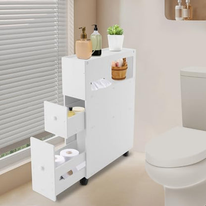 Bathroom Storage Cabinet with Wheels, 30in PVC Narrow Floor Storage Cabinet, Small Bathroom Storage Cabinet with Drawers for Bathroom, Toilet, Bedroom, Laundry Room, Kitchen(White) - size: 30in with Wheels