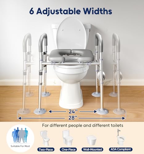 Raised Toilet Seat Risers for Seniors with Handles, Grey | Adjustable 7 Height & 6 Width, 400lbs Heavy-Duty Support, Built-in Paper Holder & Storage, For Elderly & Handicap