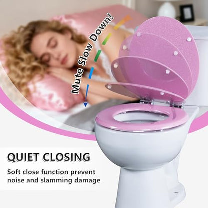 Angol Shiold Glitter Toilet Seat, Slow Close (Round, Pink) | Molded Wood Round Toilet Seat, Quiet Close, Quick Release Hinges, Easy to Install and Clean - color: Pink, size: Round 16.5‘’