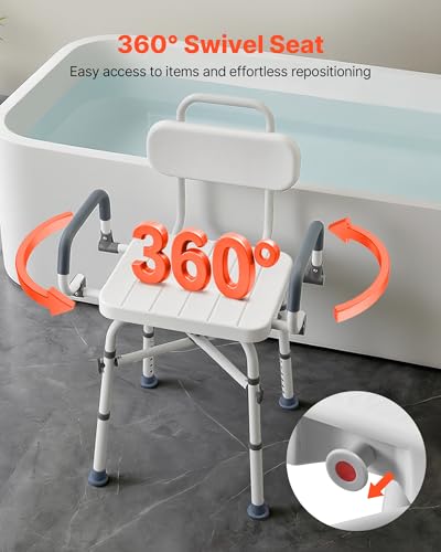 VEVOR Swivel Shower Chair with Arms and Back, 500 lbs Heavy Duty Bench Seat for Inside Shower Stall and Bathtub, Height Adjustable Bathroom Bath Tub Seat for Adults, Seniors, Elderly and Disabled