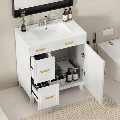 30" Bathroom Vanity with Sink, Solid Wood Frame Modern with Charging Station, Bathroom Single Sink Cabinet with 2 Drawers and 1 Doors, Gold Metal Handles, White - color: White, size: 30 inch