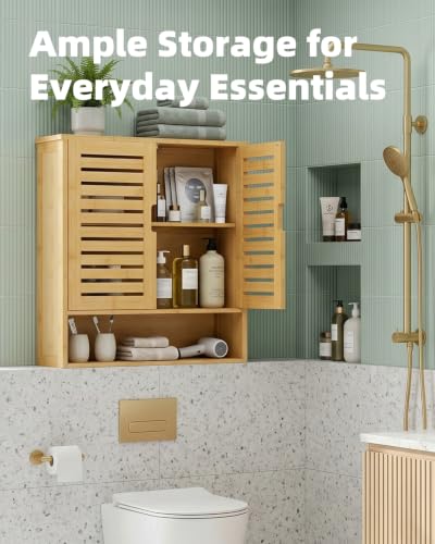 SMIBUY Bathroom Cabinet Wall Mounted, Bamboo Over-The-Toilet Storage Organizer, Space Saver Medicine Cabinet with 2 Door and Adjustable Shelves (Natural) - color: Natural