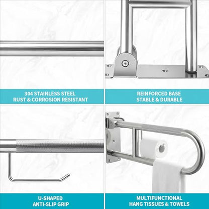 24'' Flip-Up Toliet Grab Bar with Paper Holder, Anti-Slip Knurled Grip | Stainless Steel U-shaped Wall Mounted Toilet Safety Rail, Designed for Seniors, Disabled & Post-surgery Bathroom Assistance - size: 24 Inch