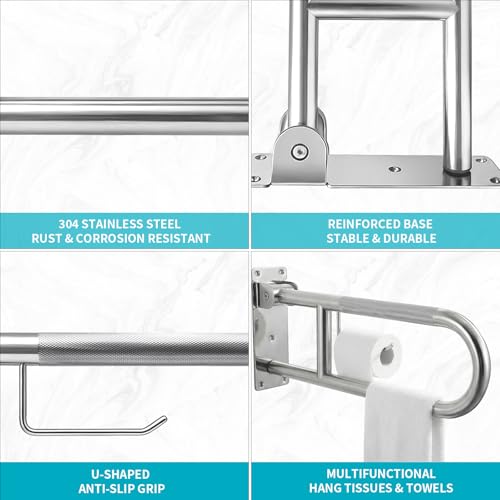 30'' Flip-Up Toliet Grab Bar with Paper Holder, Anti-Slip Knurled Grip | Stainless Steel U-shaped Wall Mounted Toilet Safety Rail, Designed for Seniors, Disabled & Post-surgery Bathroom Assistance - size: 30 Inch