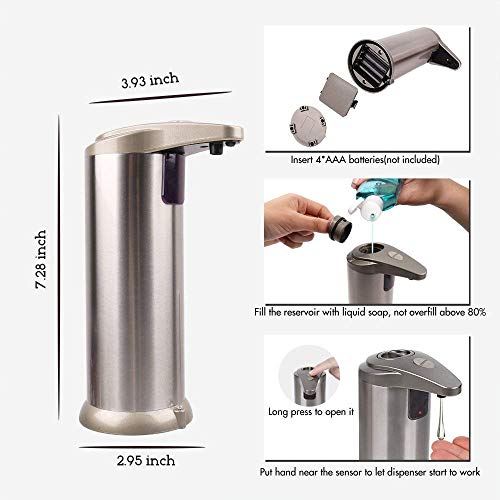 Automatic Soap Dispenser with Infrared Motion Sensor, Touchless Stainless Steel Liquid Soap Dispenser for Kitchen & Bathroom, Waterproof Base, Refillable, Hands-Free Operation
