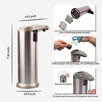 Automatic Soap Dispenser with Infrared Motion Sensor, Touchless Stainless Steel Liquid Soap Dispenser for Kitchen & Bathroom, Waterproof Base, Refillable, Hands-Free Operation