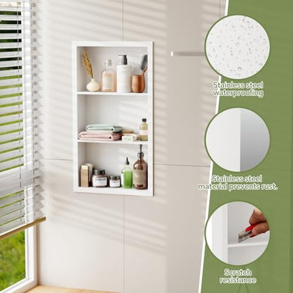 14x24 Medicine Cabinet Recessed Stainless Steel, 3-Tier, Medicine Cabinet Organizer,Stainless Steel Wall Niche, Bathroom Wall Cabinet, Recessed Bathroom Cabinet, Wall Cabinet - color: White, size: Classic 3-Tier
