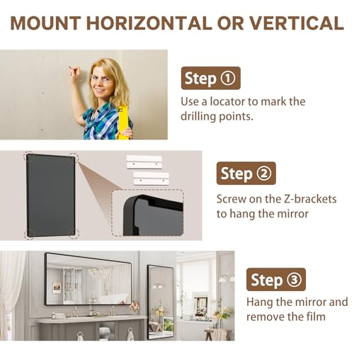 pertetey 77 x 36 in Rounded Rectangle Bathroom Mirror, Black Metal Frame | Black Metal Frame, Rounded Rectangle Design, Tempered Glass, Wall Mounted - size: 77"L x 36"W