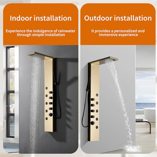 Brushed Gold Stainless Steel Rainfall Shower Panel, Wall Mount Shower Tower, 5 High Pressure Body Jets, Gold - color: Gold