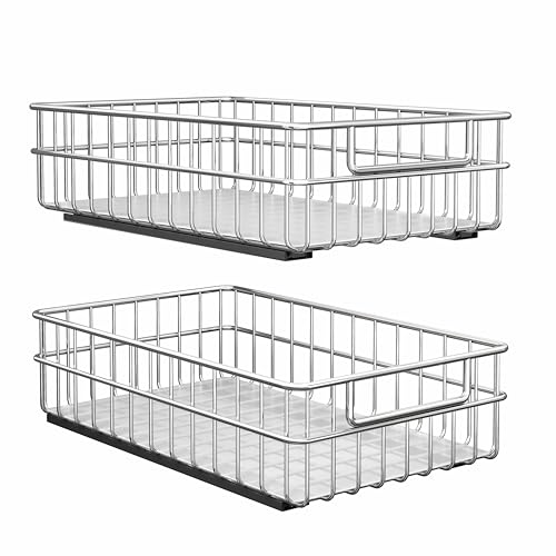 Pull out Cabinet Organizer, Stainless Steel 2-Pack (9.8"W x 16.5"D) Full-Extension Slide out Drawer, Adhesive Roll out Can Spice Storage Basket Shelf Rack for Pantry, Kitchen, Bathroom, Home Closet - size: (9.8"W x 16.5"D x 4.7"H)