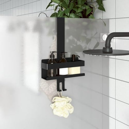 Hanging Shower Caddy for Over Shower Door, Matte Black Brushed 304 Stainless Steel Organizer Rack, No Drilling Bathroom Storage Basket with Hooks