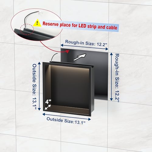 12"x12"Black LED Shower Niche,3 CCT Dimmable Light, No Tile Needed | 304 Stainless Steel Bathroom Niche w/ Light(3000K/4000K/6000K), IP66 Waterproof, Space Saving & Durable ,LED Driver Included - color: Matte Black, size: 12X12In