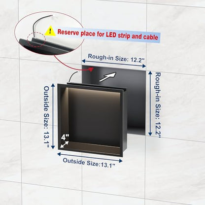 12"x12"Black LED Shower Niche,3 CCT Dimmable Light, No Tile Needed | 304 Stainless Steel Bathroom Niche w/ Light(3000K/4000K/6000K), IP66 Waterproof, Space Saving & Durable ,LED Driver Included - color: Matte Black, size: 12X12In