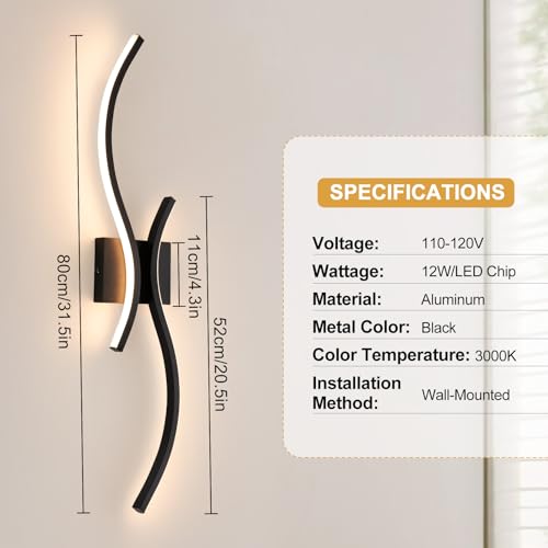 CANEOE Modern LED Wall Sconce Set of Two, 3000K Warm White Led Wall Light Fixture, 31.5inch Black Modern Sconces Wall Lighting for Bedroom, Living Room, Hallway, Staircase, Bathroom - color: Black,3000K, size: 2 Packs,31.5inch
