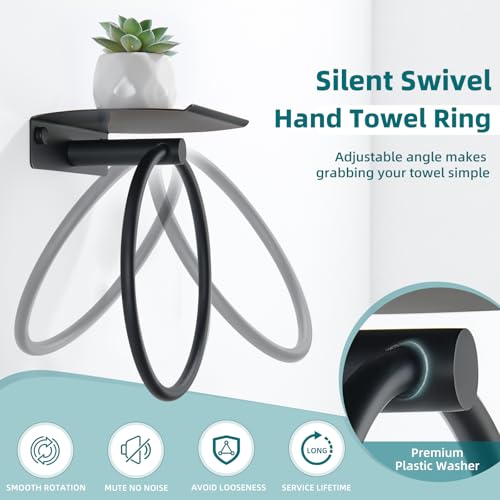 Hand Towel Ring with Shelf, Matte Black, 304 Stainless Steel | 8.07-Inch Storage Surface, Raised Back Edge, 180° Swivel Motion, Phone Storage, Modern Bathroom Upgrade, Small-Space Use - color: Matte Black