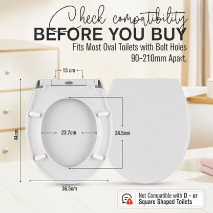 SA Products Quick Release Toilet Seat - with Soft Close & Quick Release Hinges for Easy Cleaning - Universal Bathroom Bowl Seating with Thermoset Lid, ABS Cylinder, Fixings - 44.1x36.5x5cm, White