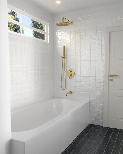 Lava Odoro Modern 3-Setting Round Rain Bathtub and Shower Faucet Set, Gold Rainfall Shower Head and Handle Set, Rain Shower System with Tub Spout, Shower Valve Trim Kit, Brushed Gold, SF104-SG-T - color: Brushed Gold, style: With Tub Spout