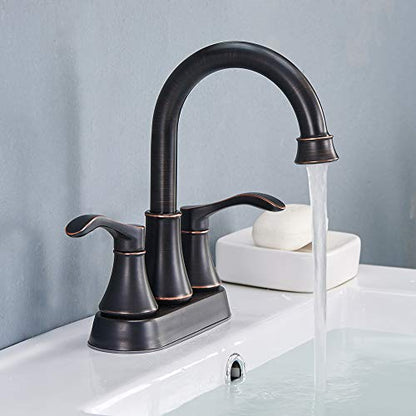 Lead-Free Antique 2 Handle Bathroom Sink Faucet, 360° Swivel High-Arc Spout 4-Inch Centerset Lavatory Vanity Faucets Set with Drain & Water Hoses, Oil Rubbed Bronze