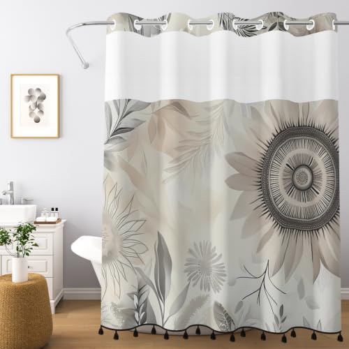 Boho Floral Shower Curtain with Snap in Liner & Tassels, 71x77 Inch | No Hook Needed, Double Layer Waterproof Bath Tub Curtain with Mesh Top, Abstract Botanical Design for Modern Neutral Bathroom - color: Boho Flower