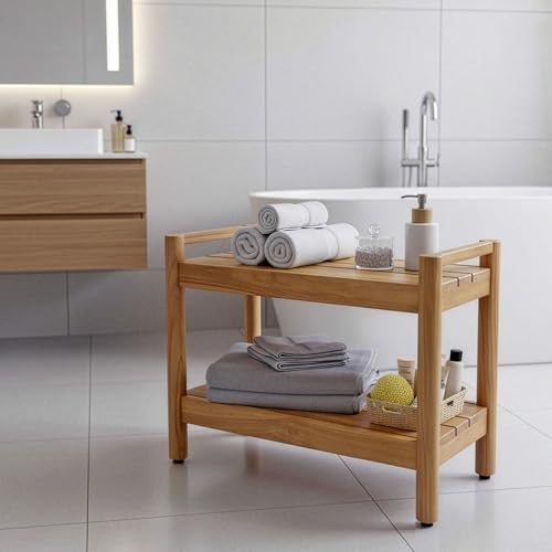 Asta Select Solid Teak 26" Shower Bench with Arms, Portable Teak Wood Spa/Shower/Outdoor Bench with Storage Shelf, Accent Side Table, Fully Assembled, ST-62A