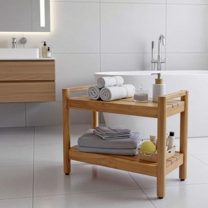 Asta Select Solid Teak 26" Shower Bench with Arms, Portable Teak Wood Spa/Shower/Outdoor Bench with Storage Shelf, Accent Side Table, Fully Assembled, ST-62A