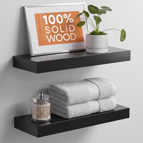 Black Floating Shelf 18 inch, High End Solid Real Wood 18inch Bathroom Floating Shelves for Wall Mounted, Black Wooden 18in Floating Shelves, Heavy Duty Bracket, 18 X 6.5 X 1.75 in, Set of 2 - color: Modern Black - Rich Neutral Satin, size: 18 inch