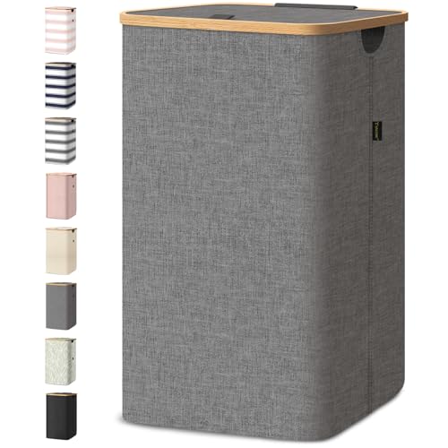 BALEINE Laundry Hamper with Lid, Tall Laundry Baskets with Bamboo Pull Handles, Large Laundry Bin with Internal Support (26 Gal/100L, Grey) - color: Grey, size: 100 liters