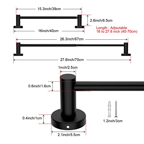 Adjustable Black Towel Bar, Stainless Steel Towel Rod for Bathroom | Length 16 to 27.6 Inch, Wall Mounted Towel Rack, Shower Towel Hanger, Extendable Towel Rod for Washroom Kitchen with S Hooks - color: Black