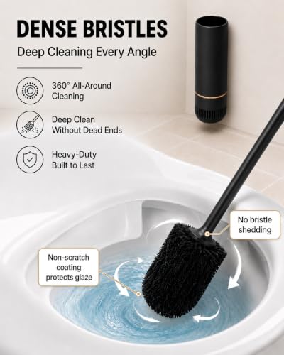 Toilet Brush Set, Dense Nylon Bristles, Wall Mount, Non-Scratch, Black Gold | 16.5" Handle,Splash-Proof,Odor-Locking Lid ,Ventilated Base,Hideaway Brush Head,Thick ABS,2 Adhesive - color: Black Gold