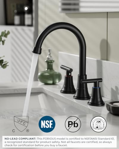 FORIOUS Black Bathroom Faucet 3 Hole, 8" Widespread Bathroom Vanity Faucet | 8 Inch Widespread Bathroom Faucet 3 hole Vanity and 4 Inch Bathroom Faucet Centerset 2 Hole for B2B Commercial, Spare Aerator - color: Matte Black, style: Modern