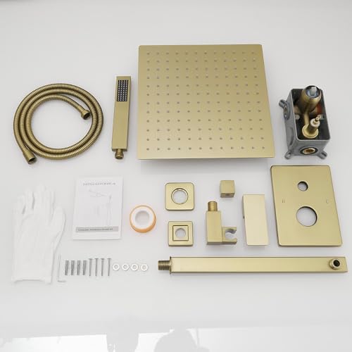 Brushed Gold Shower System 16 Inch Bathroom Luxury Rain Mixer Shower Combo Set Wall Mounted Rainfall Shower Head and Handheld System Shower Faucet Set Rough-in Valve Body and Trim Kit - color: Brushed Gold, size: 16 Inch