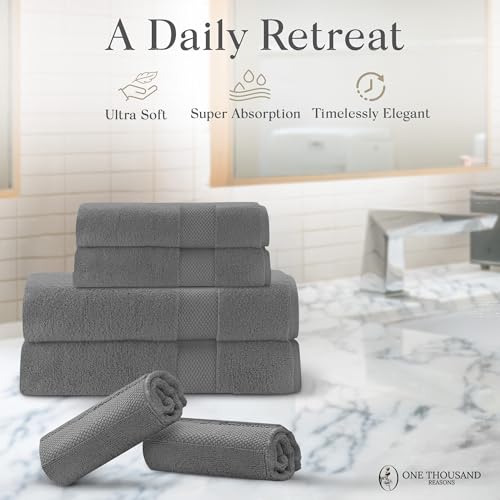 Premium Staple Cotton Bathroom Towel Set - Gray 600 GSM 6-Piece Luxury Bath Towel Set 1 Stripe - 2 Bath Towels, 2 Hand Towels & 2 Washclothes Set - High Absorbent & Quick Dry for Gym, Spa, Hotel - color: Gray - 1 Stripe