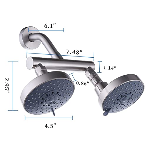 AZOS Double Shower Head with Shut-Off Valve, Bathathroom High Pressure Dual Fixed Rain Shower Head Combo with Brass Dual Outlet Manifold, Adjustable 5 Function Showerhead Brushed Nickel - color: Brushed Nickel