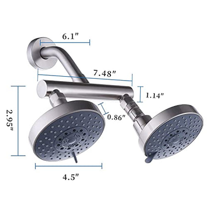AZOS Double Shower Head with Shut-Off Valve, Bathathroom High Pressure Dual Fixed Rain Shower Head Combo with Brass Dual Outlet Manifold, Adjustable 5 Function Showerhead Brushed Nickel - color: Brushed Nickel