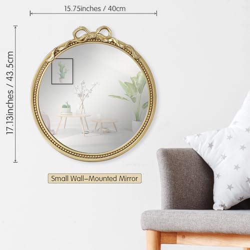 15.75" Small Gold Bow Decorative Round Mirror | Metal Frame, Wall Mounted, For Entryway, Bathroom, Living Room, Mini Size