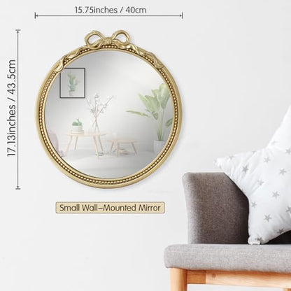 15.75" Small Gold Bow Decorative Round Mirror | Metal Frame, Wall Mounted, For Entryway, Bathroom, Living Room, Mini Size
