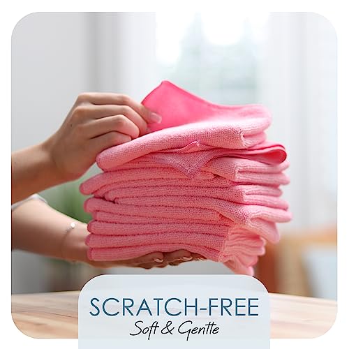 Hearth & Harbor Microfiber Cleaning Cloths, 12 Pack Pink Reusable Towels, Lint Free - color: Pink, size: 12"x12", style: 12 Pack