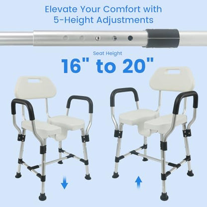 U-Shaped Shower Chair for Inside Shower, 400lbs Max Heavy Duty Triple-Bar Base Reinforcement, with Arm and Back for Elderly and Disabled, Adjustable Height, Effortless Personal Hygiene Access