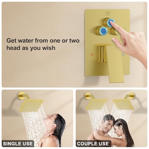 Bathtub Shower System 6-Inch Dual Overhead Rain Showers with 3-Function Handheld Showerhead & Power Jet | Complete Set with Diverter Valve (Brushed Gold)