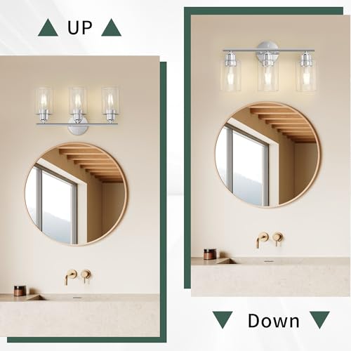 Bathroom Vanity Light Fixtures Polished Chrome Bathroom Lighting Fixture, 3 Lights Bathroom Light Fixture Over Mirror, Modern Black Vanity Light, Wall Sconces with Glass Shades - color: Polished Chrome, size: 3 Lights