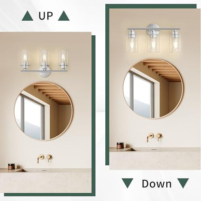 Bathroom Vanity Light Fixtures Polished Chrome Bathroom Lighting Fixture, 3 Lights Bathroom Light Fixture Over Mirror, Modern Black Vanity Light, Wall Sconces with Glass Shades - color: Polished Chrome, size: 3 Lights