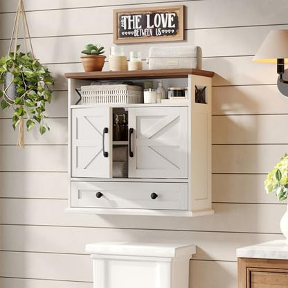 Bathroom Wall Cabinet, 23.6''x23.6'' Farmhouse Wall Mounted Medicine Cabinet with Drawer, 2 Barn Door & Adjustable Shelf, Space Saving Over The Toilet Storage Cabinet for Bathroom, Kitchen, Entryway