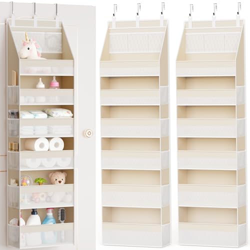 2 Pack Over the Door Organizer, 6-Shelf Closet Hanging Storage with 13 Mesh Pockets, 55lbs Capacity Behind the Door Storage for Baby Nursery, Bathroom, Bedroom, and Dorm, Beige - color: Beige, size: 2 PACK